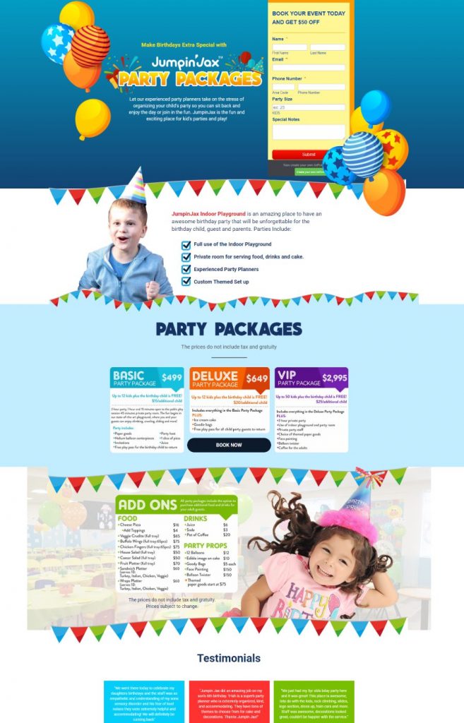 jumpinjax birthday party landing page by mtb strategy